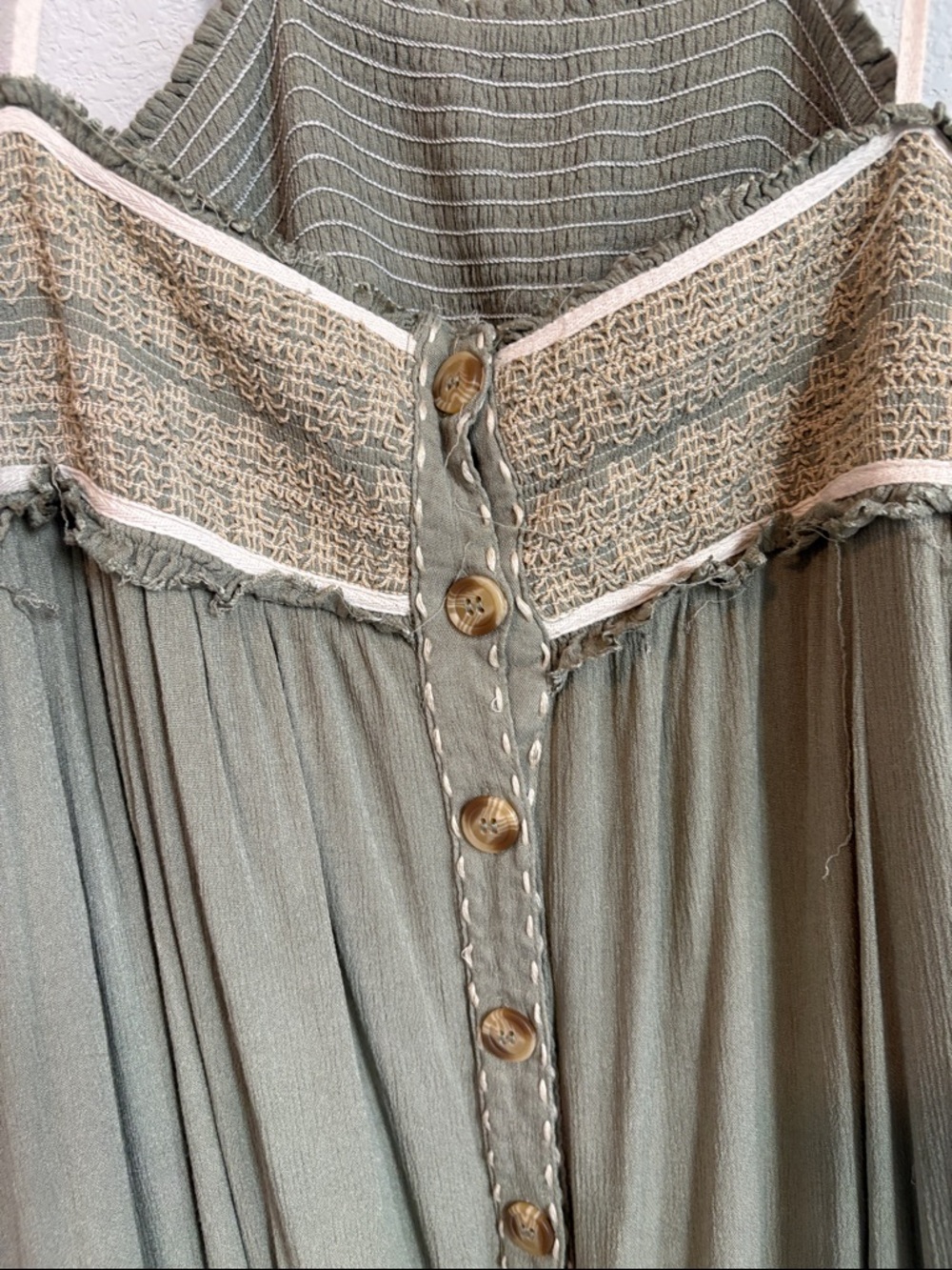 Ces Femme Olive Green boho Midi Dress with Cream Trim - Picture 5 of 9